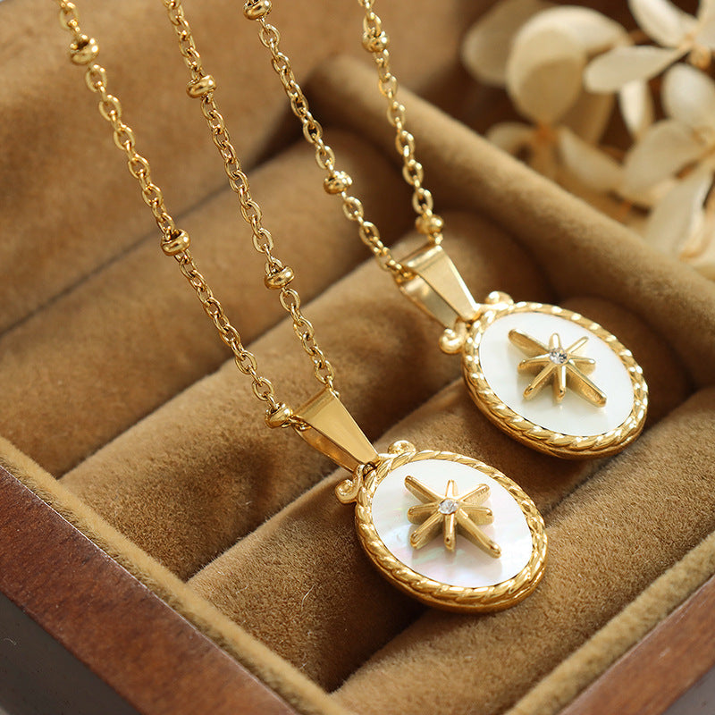 316L Stainless Steel White Mother-of-Pearl Starburst & Zircon Inlaid Pendant Necklace & Stud Earrings - Image 1