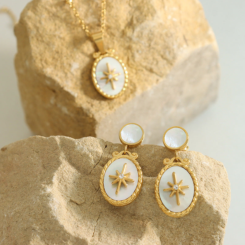 316L Stainless Steel White Mother-of-Pearl Starburst & Zircon Inlaid Pendant Necklace & Stud Earrings - Image 8