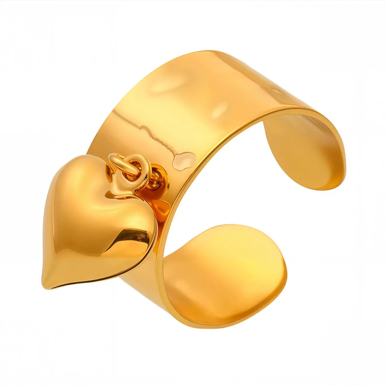A close-up of the 18K gold plated 316L stainless steel hypoallergenic wide band open heart ring.