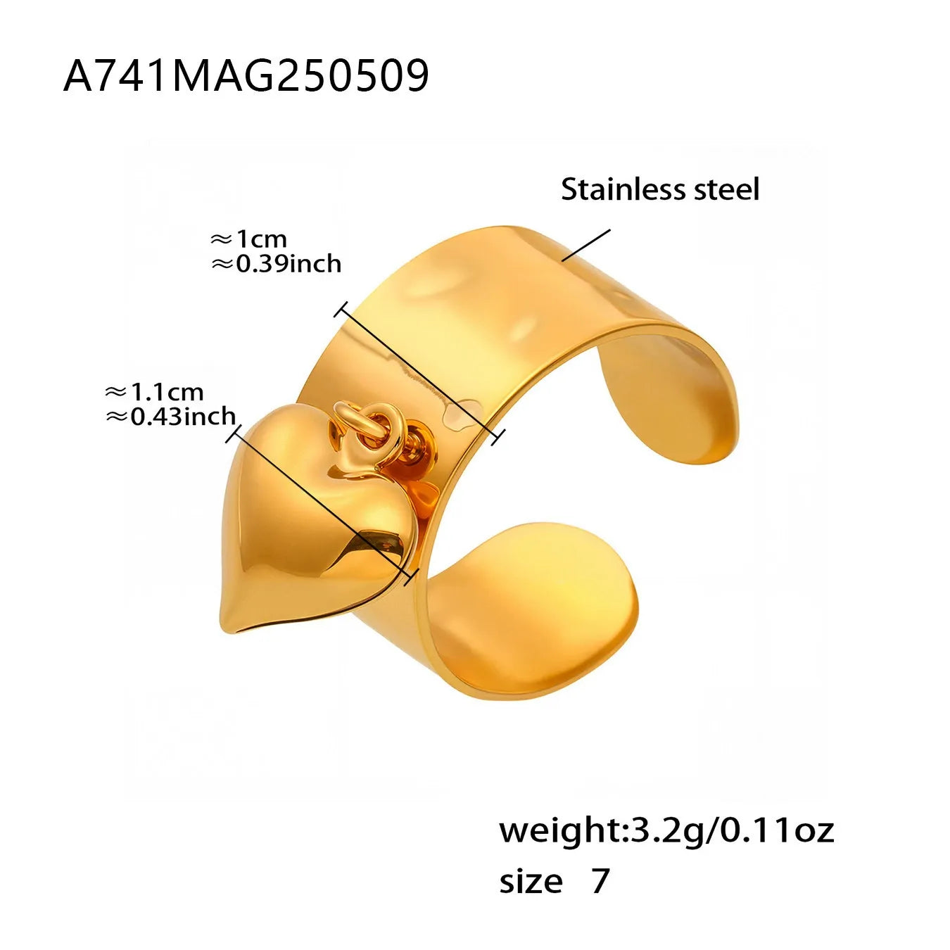 Dimension and weight details of the 18K gold PVD plated stainless steel wide band heart charm ring.