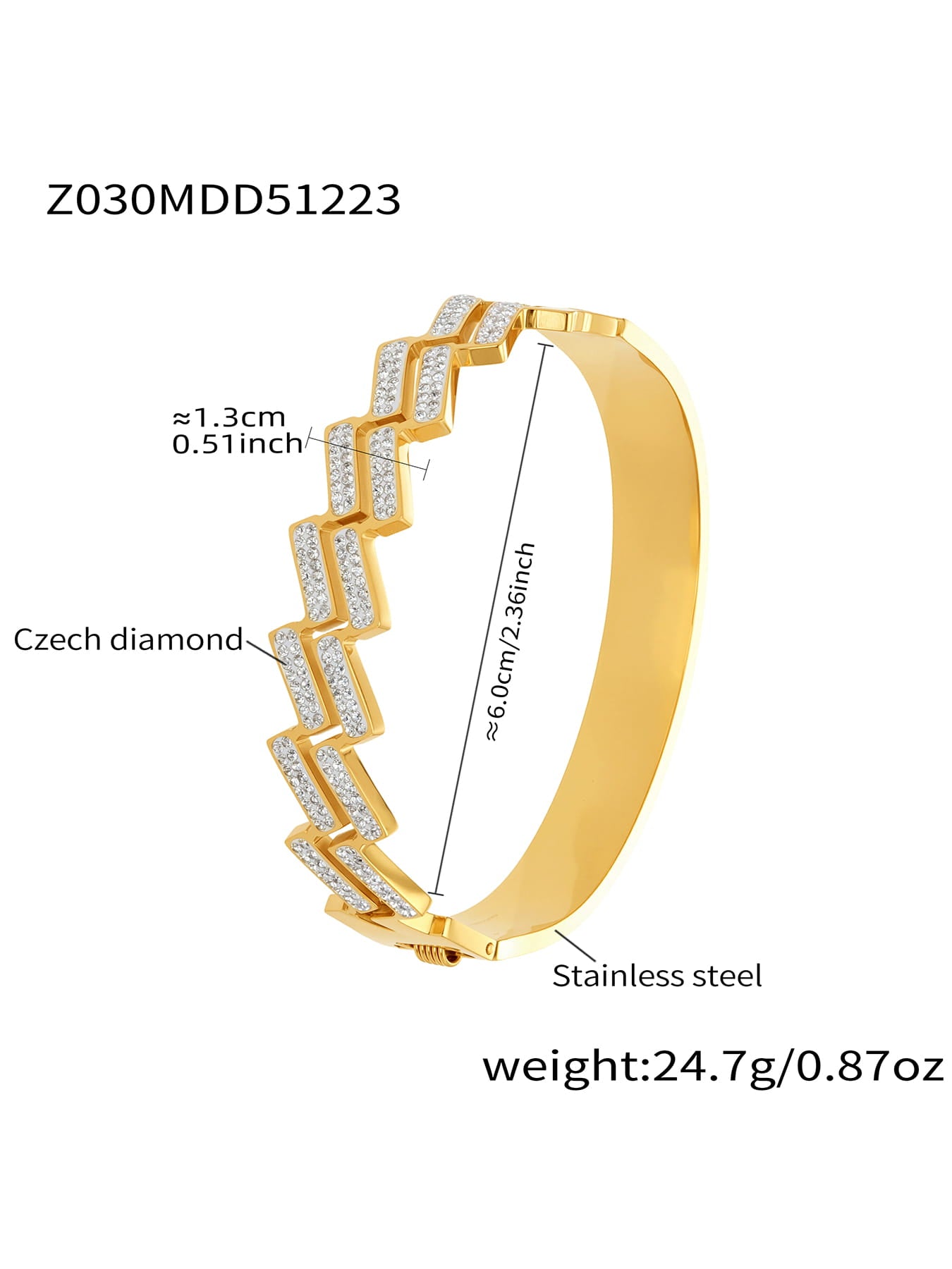 316L stainless steel linear geometric CZ bangle bracelet with detailed dimensions