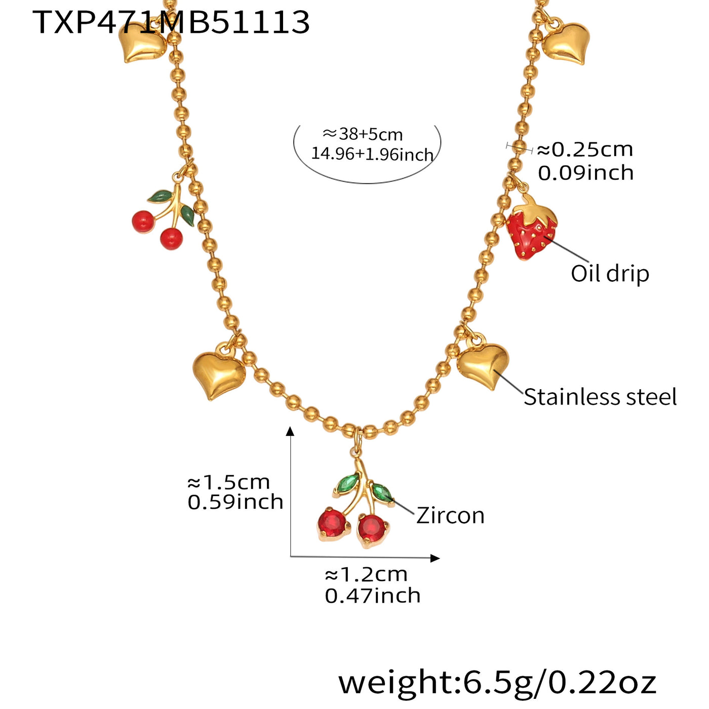 316L stainless steel zircon cherry and heart charm necklace in gold, bead chain jewelry set, waterproof hypoallergenic