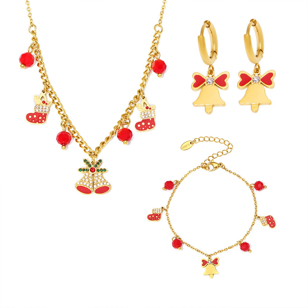 316L Stainless Steel Zircon Red Agate Enamel Bell Christmas Jewelry Collection - Image 3