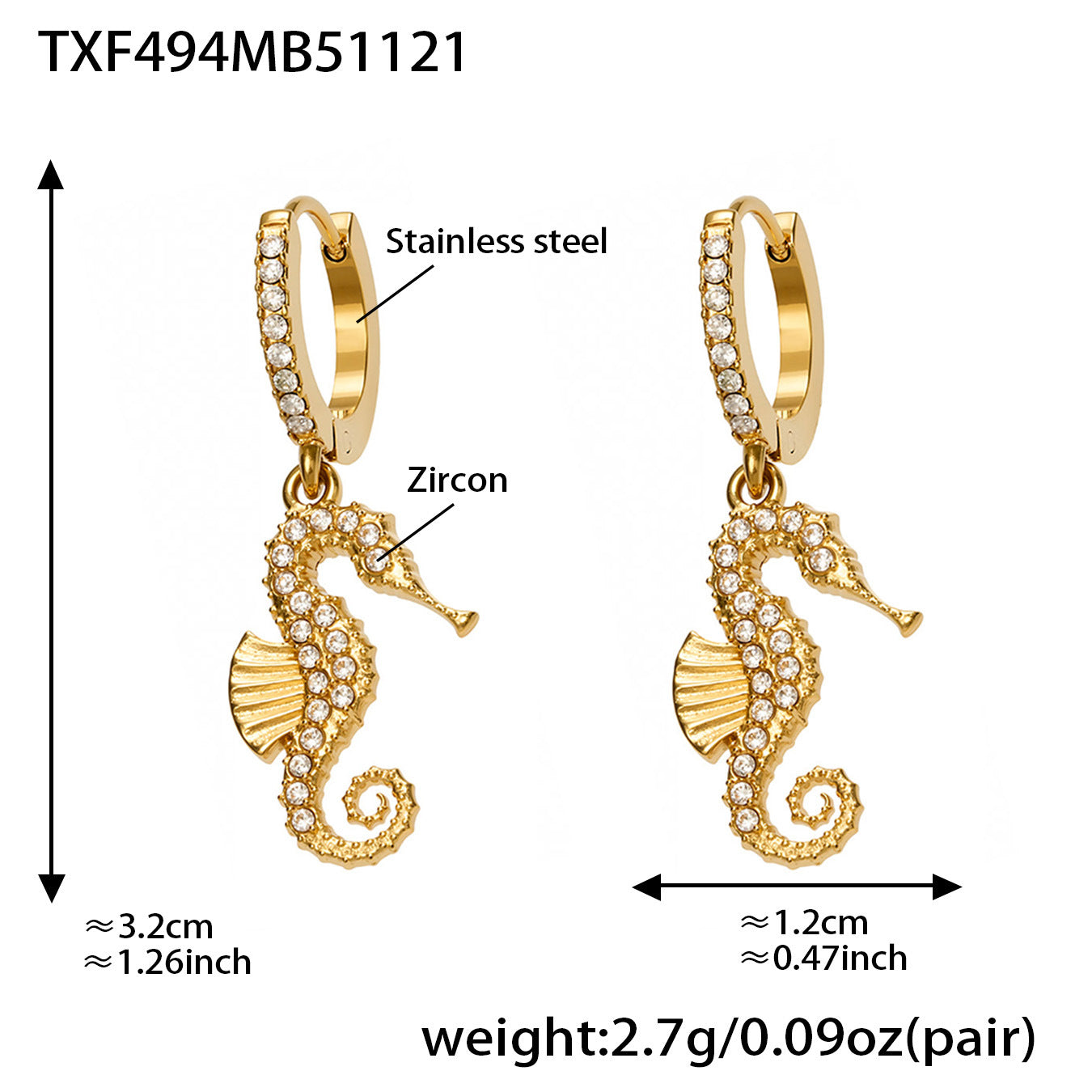 316L stainless steel zircon seahorse hoop earrings in gold, ocean-inspired charm earrings, waterproof hypoallergenic jewelry