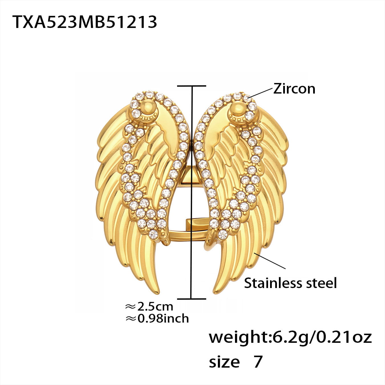 316L stainless steel zircon wing ring size 7 with gold pvd finish