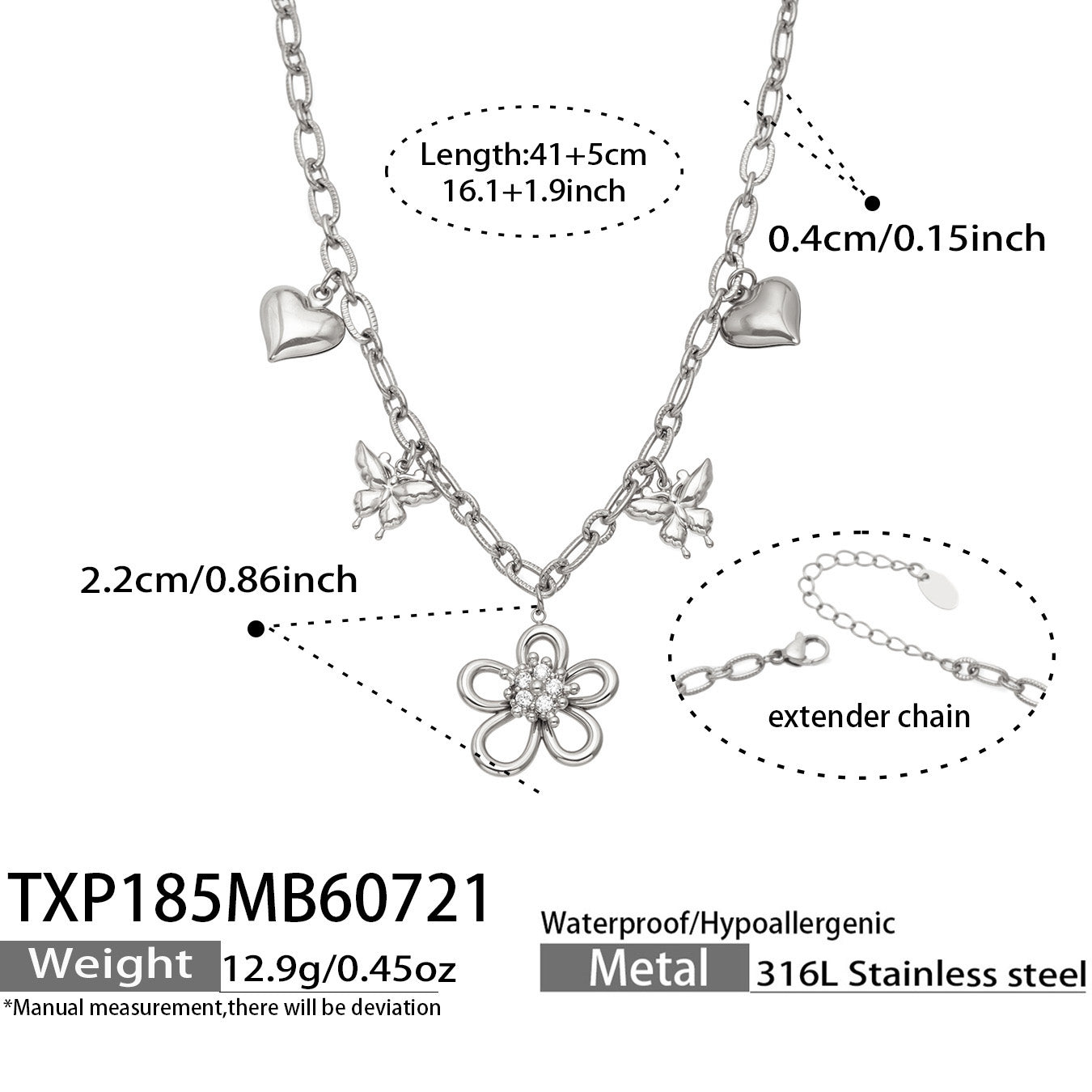 Size specifications for a polished steel floral butterfly charm necklace in 316L stainless steel