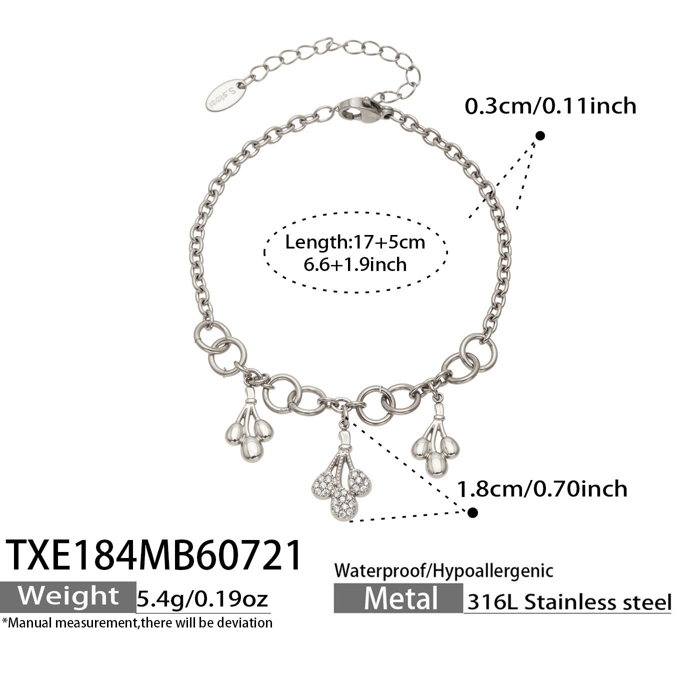Size and product details for a 316L stainless steel teardrop zircon bracelet in polished steel