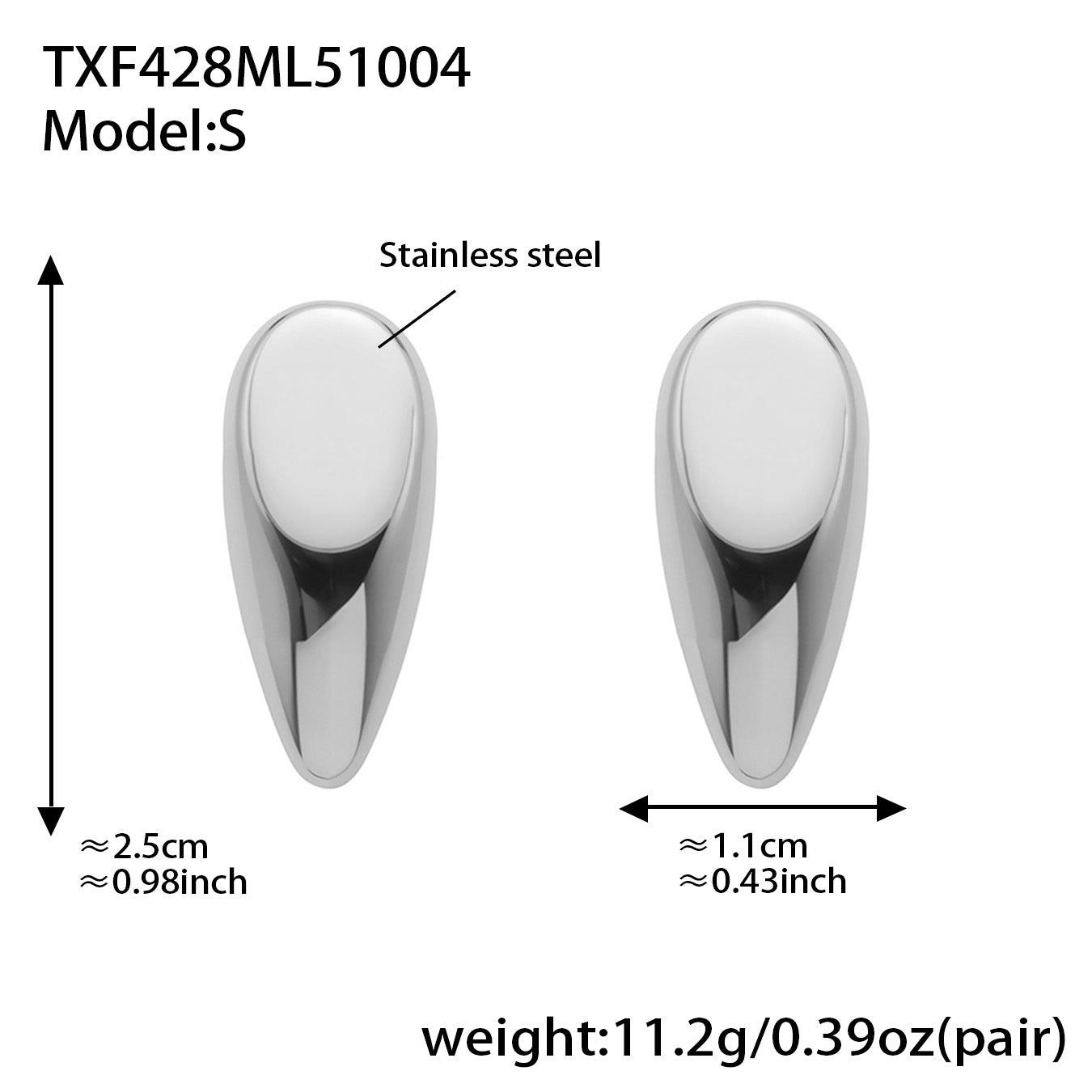 Small size silver teardrop stud earrings in 316L stainless steel, approx 2.5cm by 1.1cm, 11.2g per pair