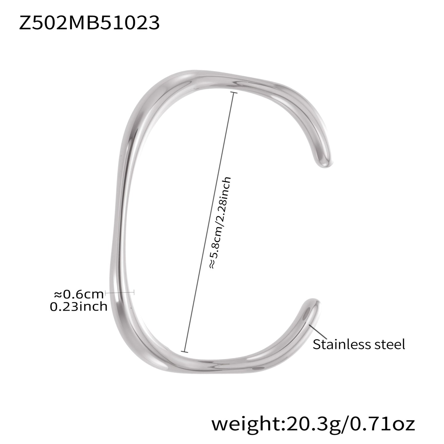 Silver stainless steel bangle (Z502MB51023), minimalist design, inner diameter 5.8cm, weight 20.3g