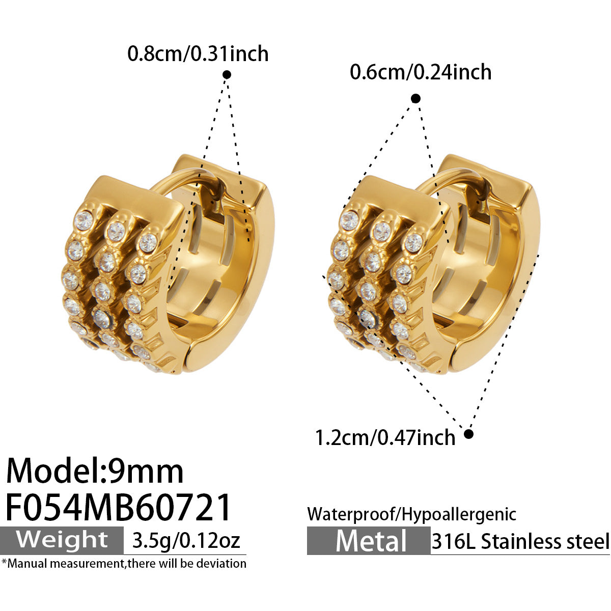 9 mm triple-row pavé zircon huggie earrings size and product specification guide