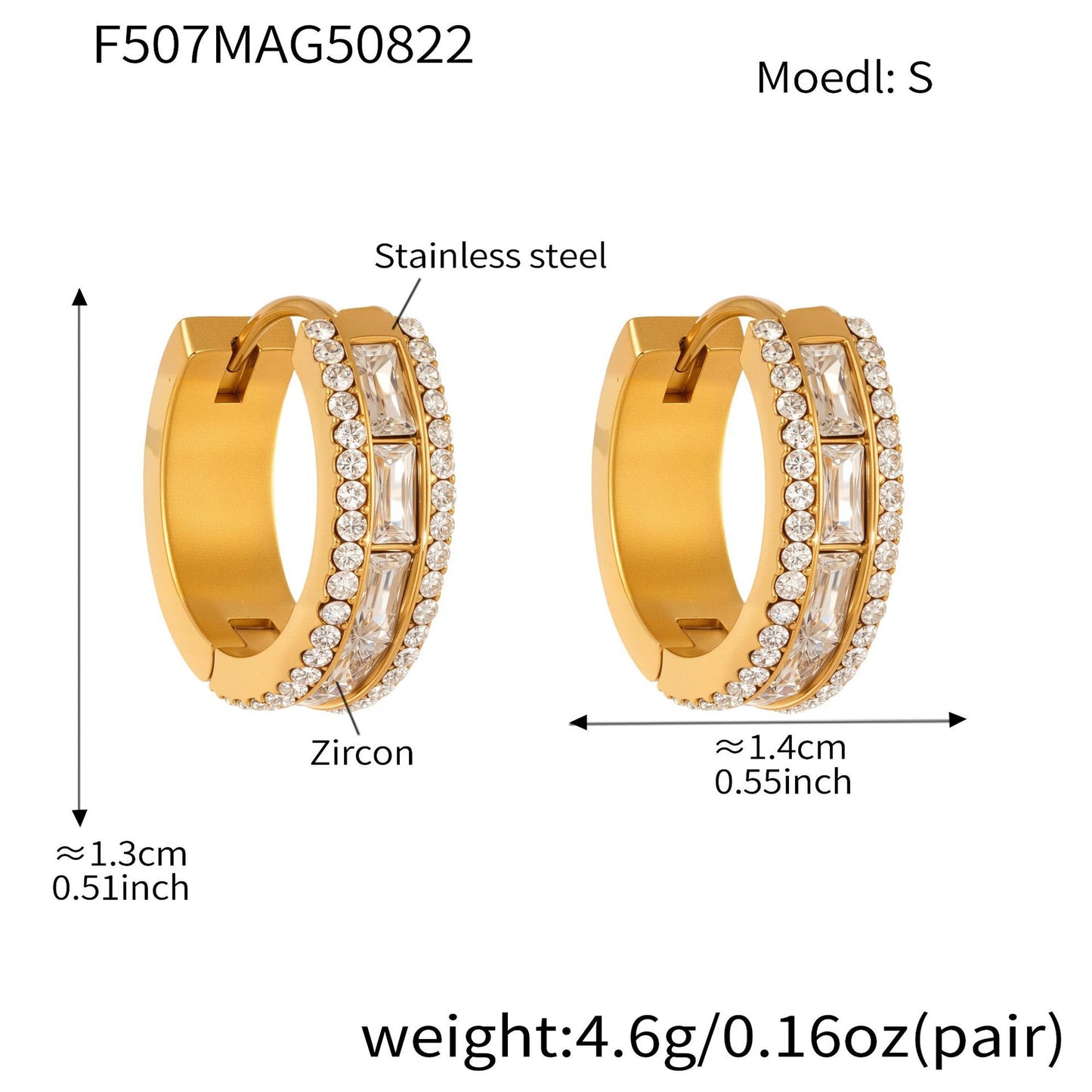 316L Stainless Steel 18K Gold PVD Full Zircon Hoop Earrings