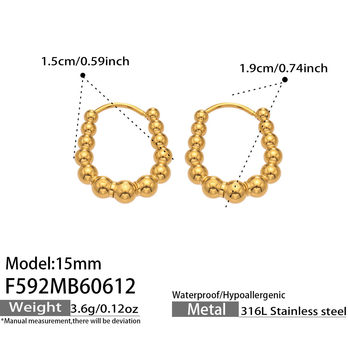 316L Stainless Steel 18K Gold PVD Round Bead Earrings