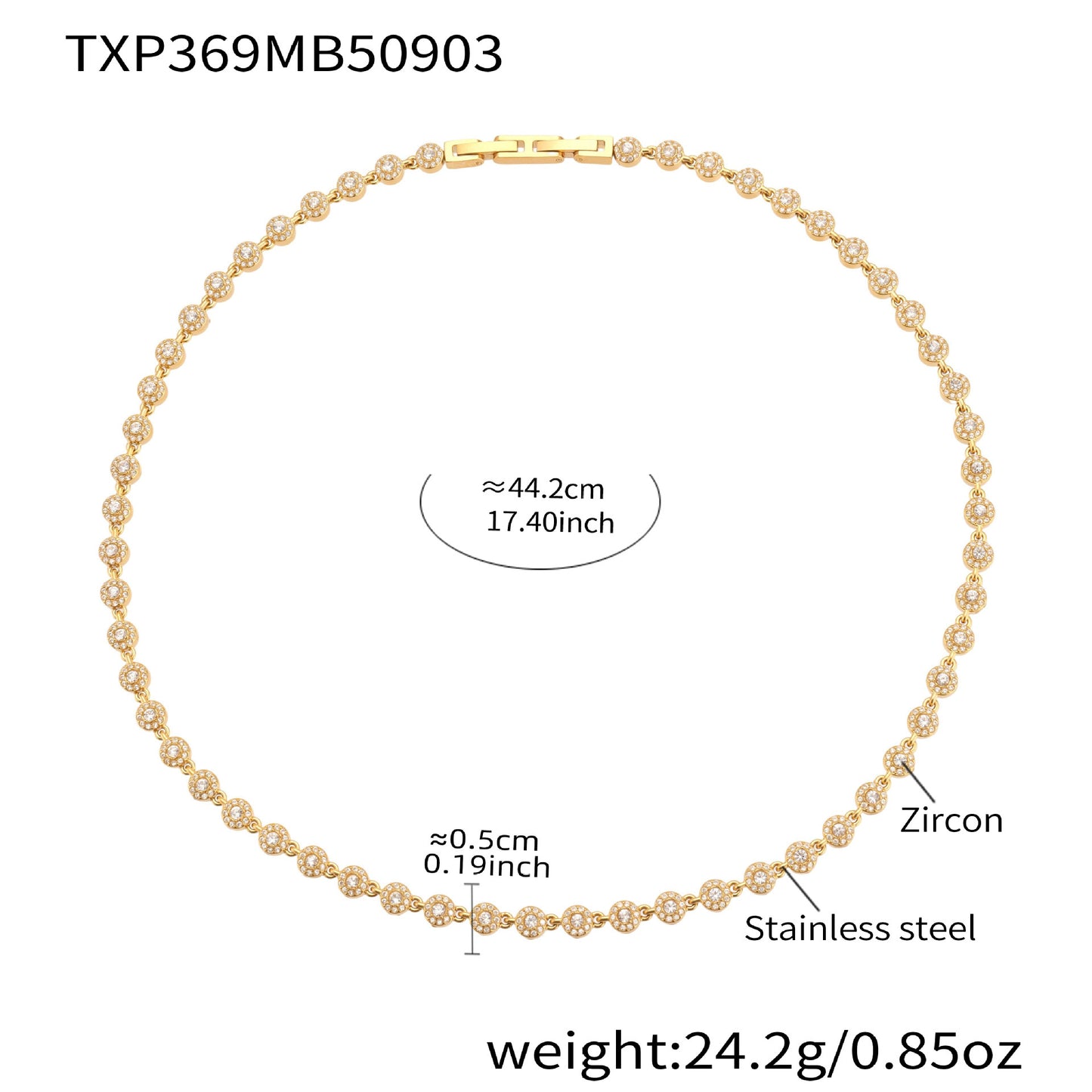 Gold 316L stainless steel tennis necklace with hand-set 5A cubic zirconia stones, interlocking clasp, waterproof hypoallergenic jewelry for women
