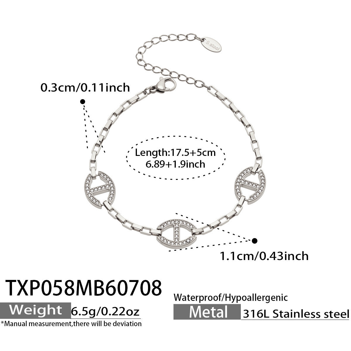 Steel D-shaped zircon bracelet made from 316L stainless steel with 17.5+5cm adjustable length, 1.1cm zircon charm and 6.5g weight