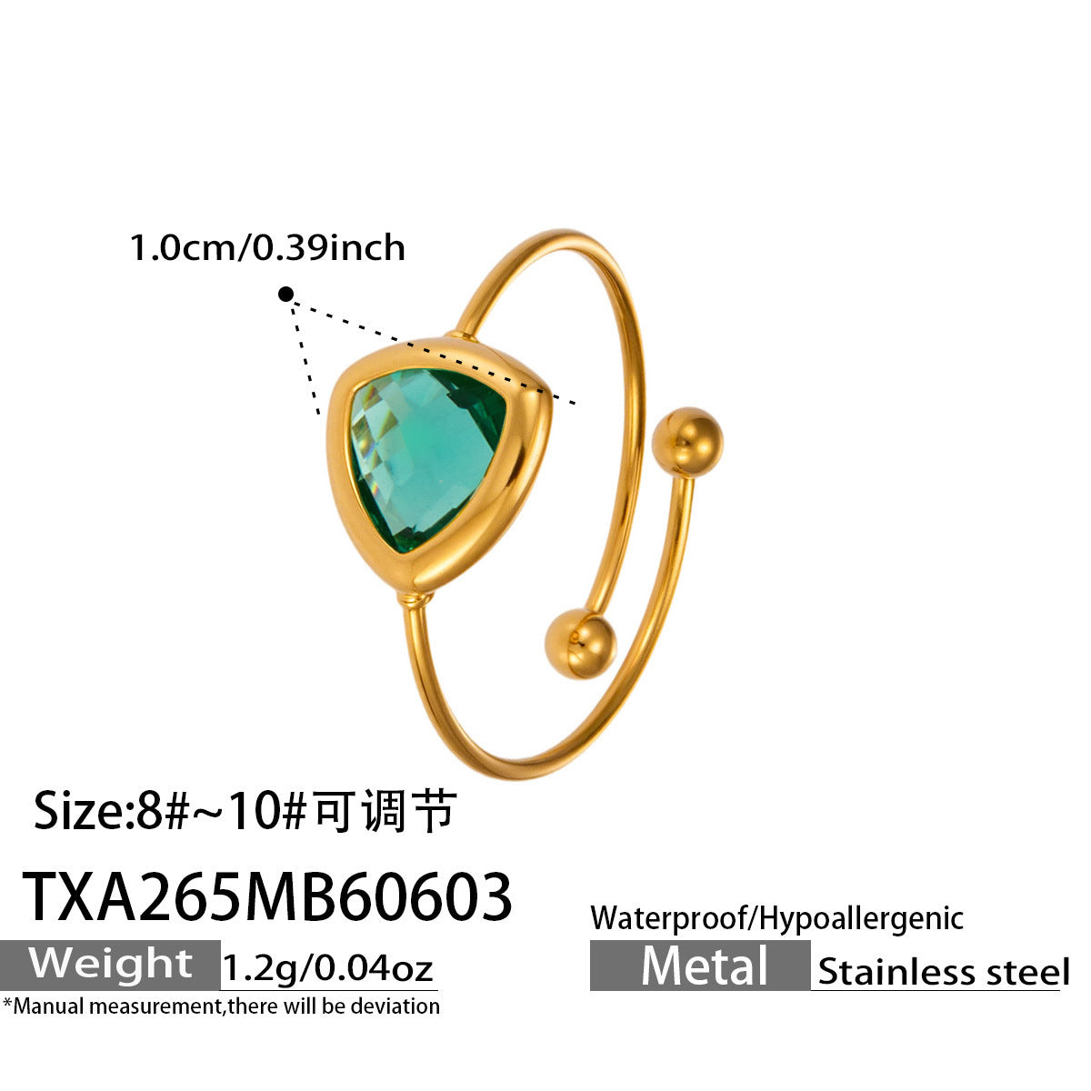 Aqua Triangle Glass Ring in 316L Stainless Steel with 18K PVD Gold, waterproof and hypoallergenic