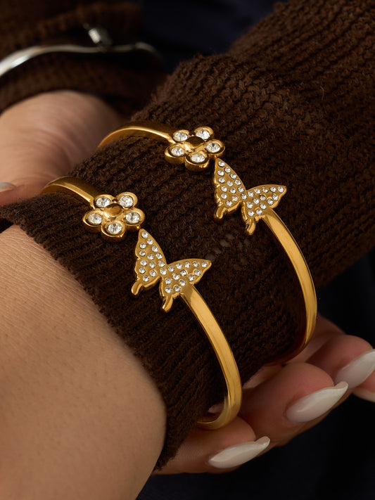 316L Stainless Steel 18K Gold PVD Zircon Flower Butterfly Pave Bangle