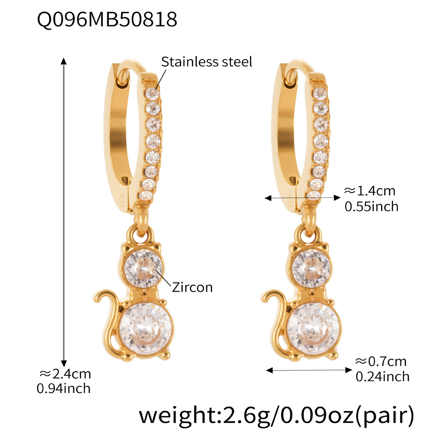 316L Stainless Steel 18K Gold PVD Cat Ear Zircon Earrings