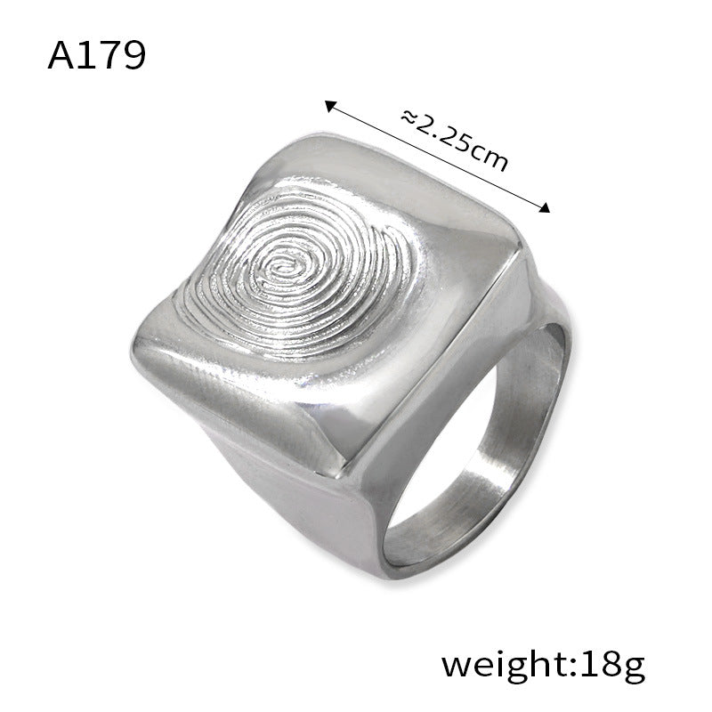 A179 steel-tone fingerprint statement ring size and product detail guide