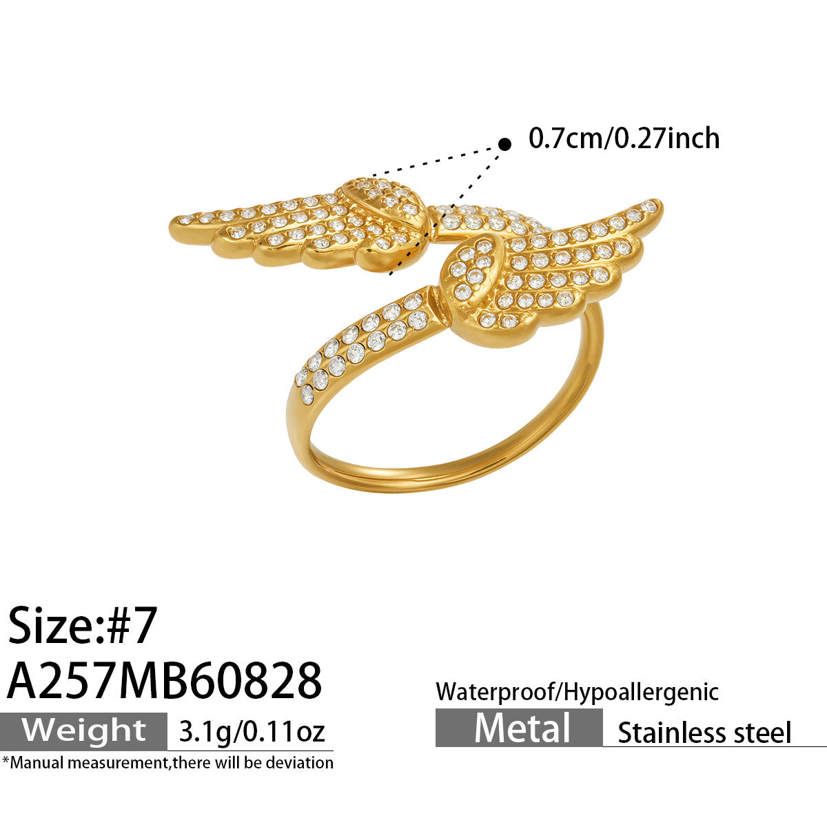 A257 wing CZ gold open ring size and product details in 316L stainless steel