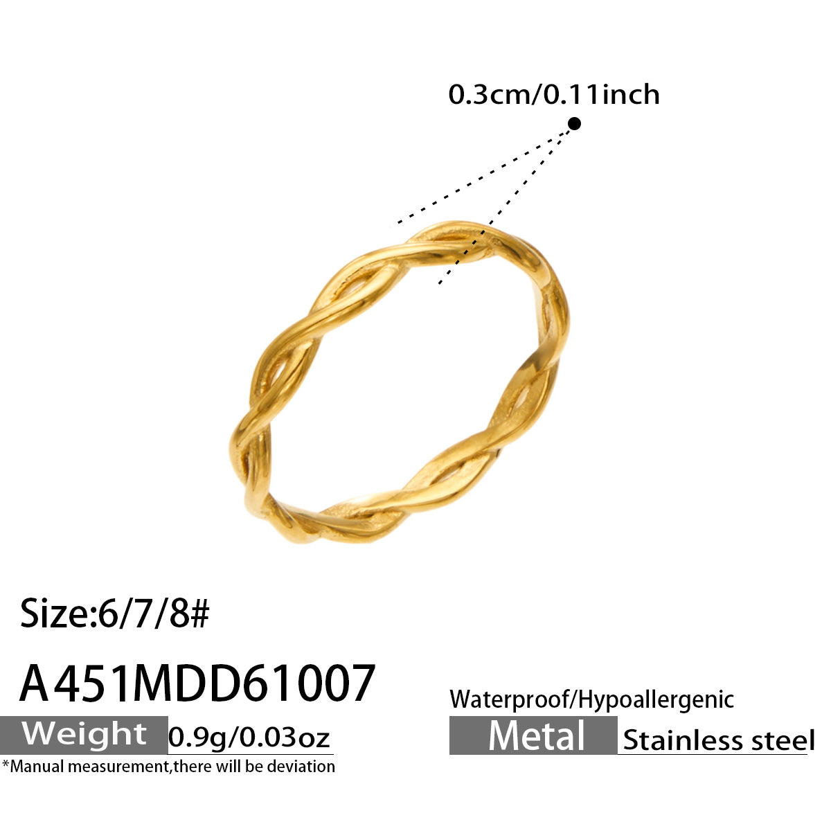 A451 gold-tone twisted band ring size guide showing a 0.3 cm band width, listed sizes 6, 7 and 8 and approximate weight 0.9 g