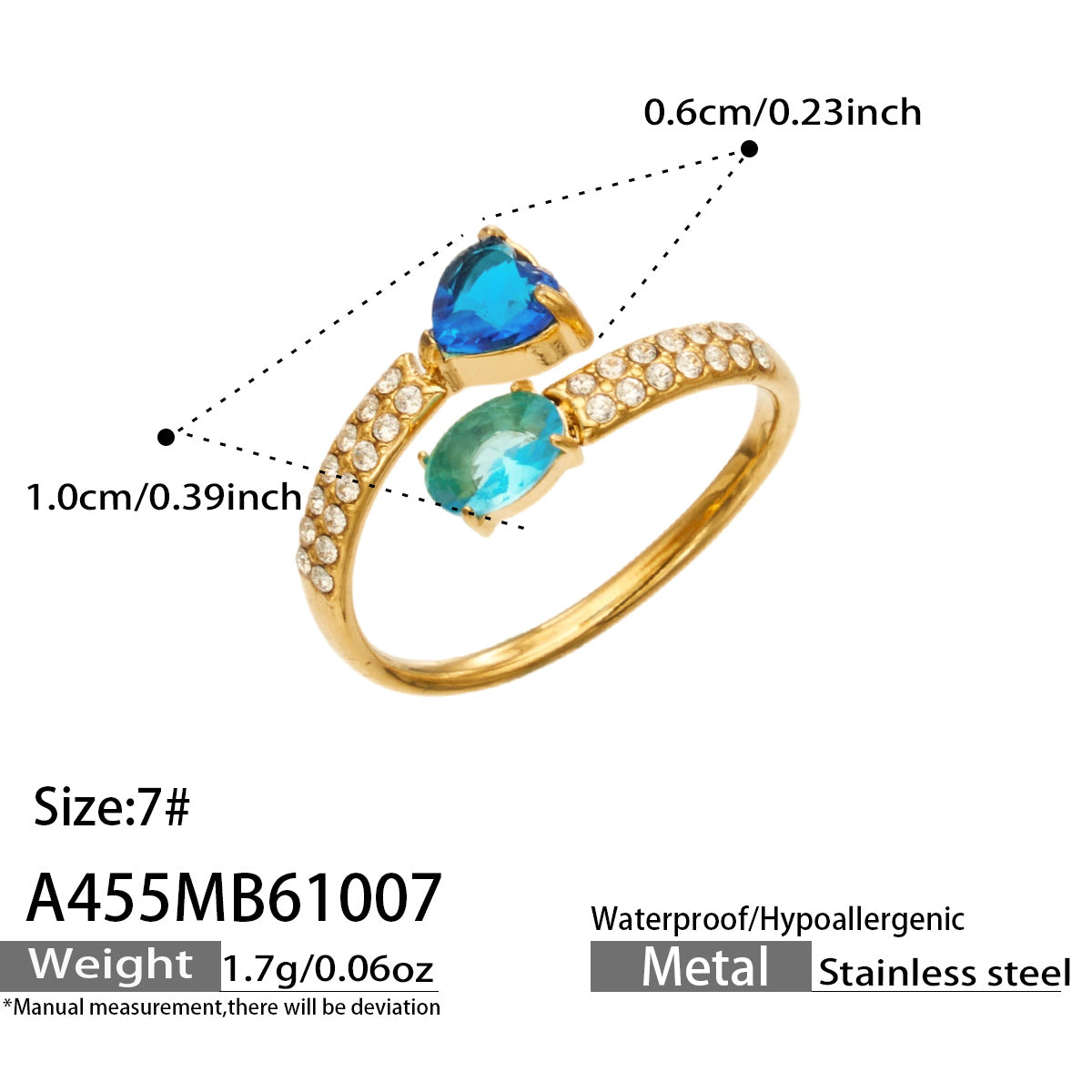 A455 gold-tone stainless steel ring size guide showing a blue heart stone, teal oval stone and size 7