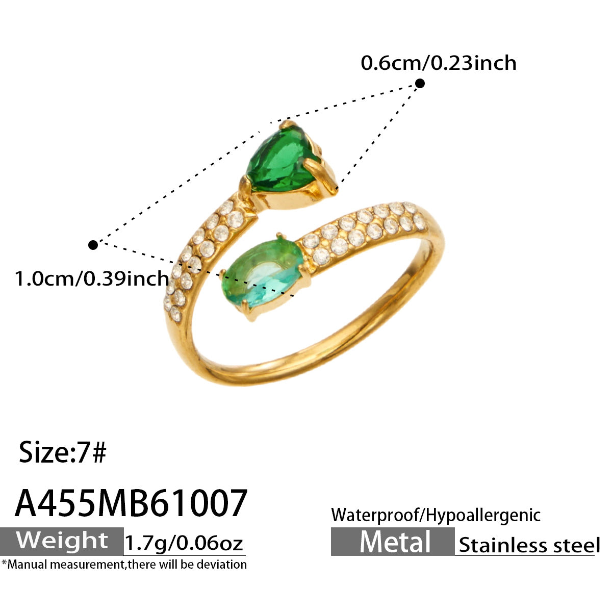 A455 gold-tone stainless steel ring size guide showing green heart and oval stones, size 7 and accent measurements