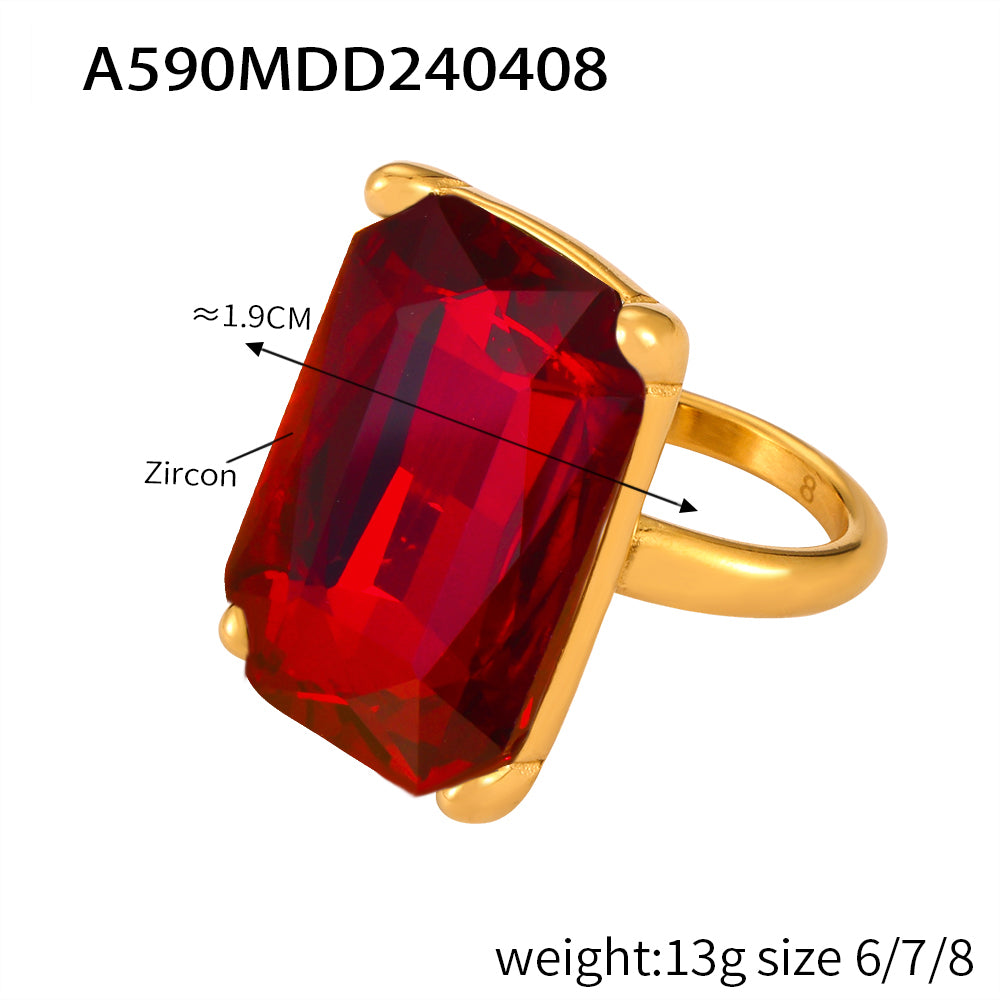 A590 red rectangular stone cocktail ring in gold tone with supplier size and weight details