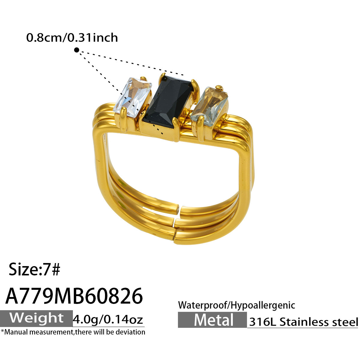 A779 black emerald-cut CZ multi-band ring size and product details