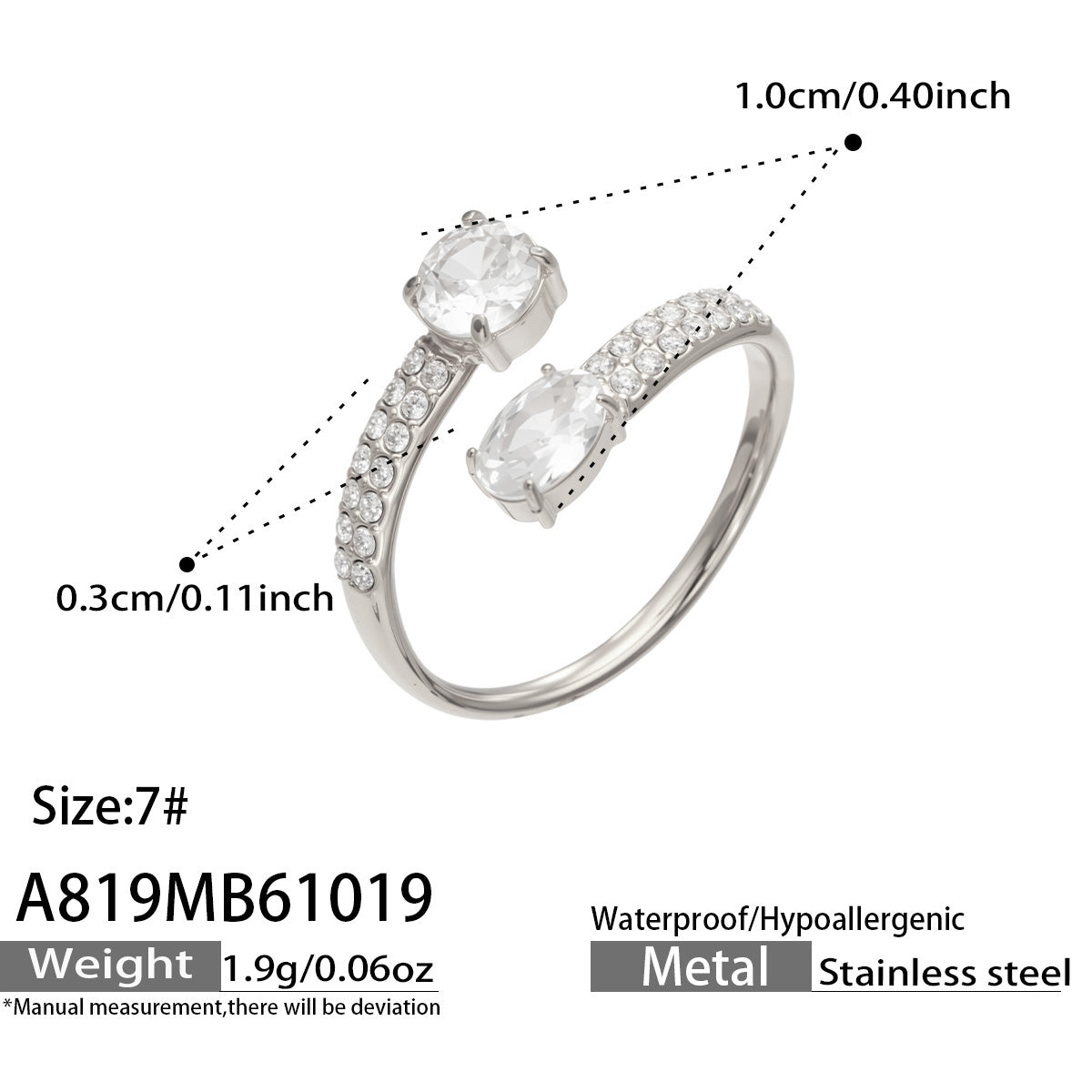 A819 steel-tone stainless steel adjustable open ring with cubic zirconia accents