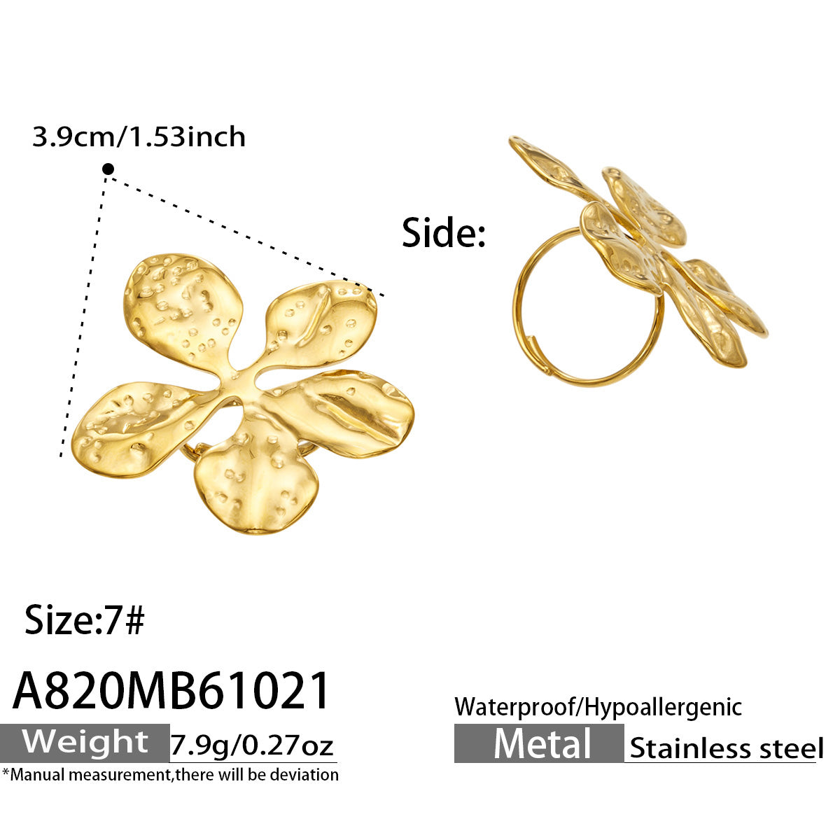 A820 gold-tone hammered flower ring with size and weight specifications