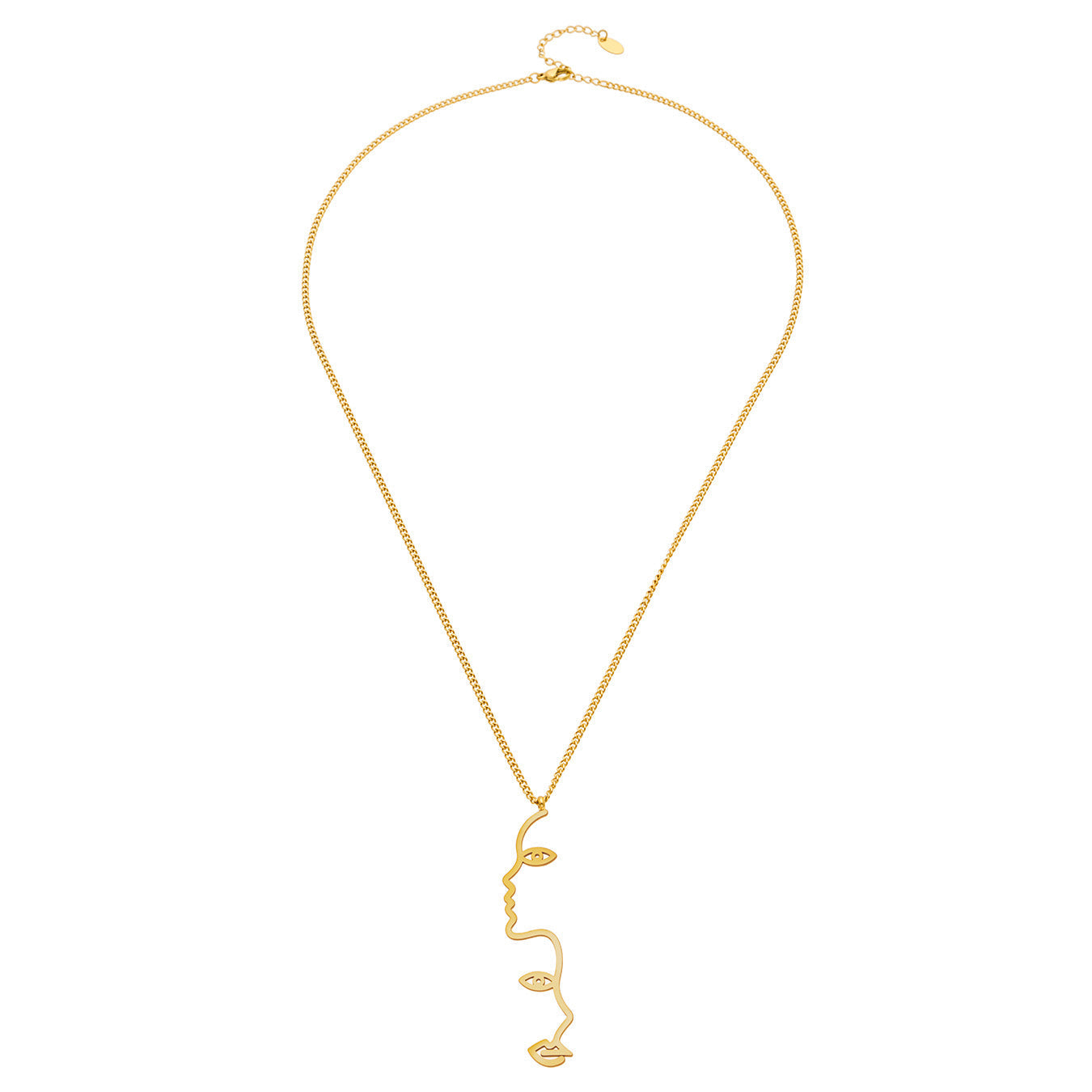 MiduoduoJewelry gold abstract face lariat Y necklace on a clean neutral background
