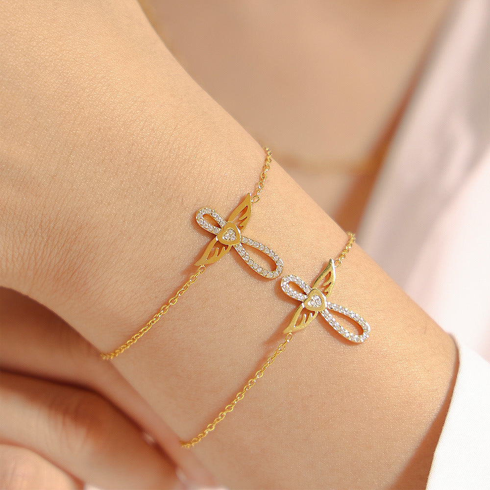 316L Stainless Steel Angel Wing CZ Layered Necklace & Bracelet Set