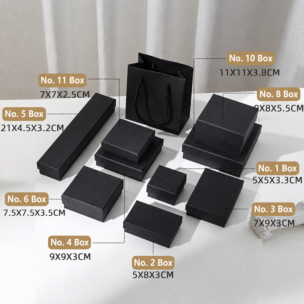Black jewelry packaging boxes in multiple sizes for rings earrings bracelets necklaces and watches