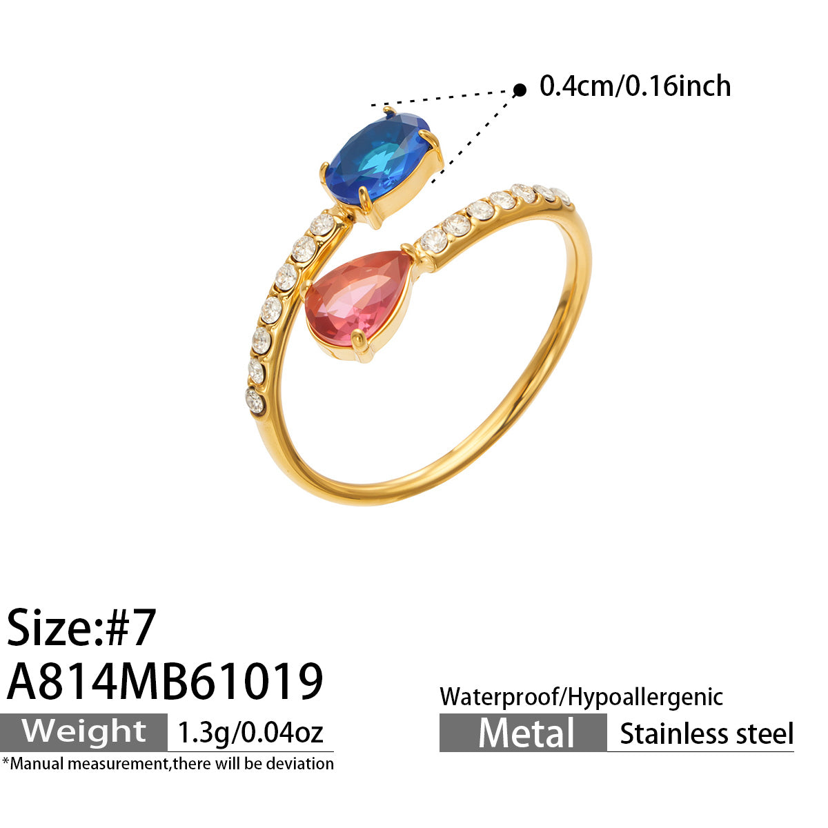 A814 gold-tone adjustable ring with blue and pink colored glass stones and white CZ accents