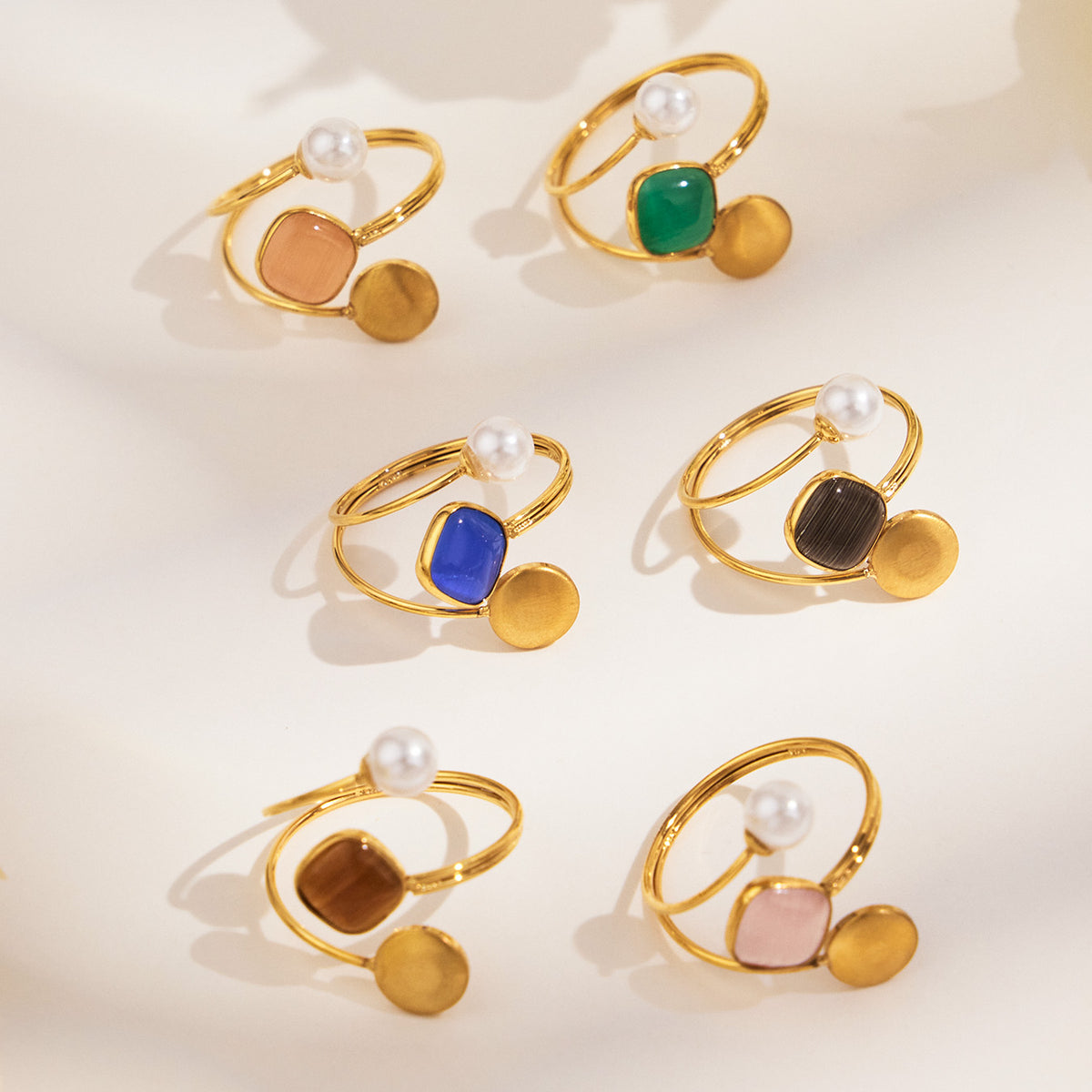 Colorful cat eye effect bead open ring collection in brown, blue, green, black and pink styles