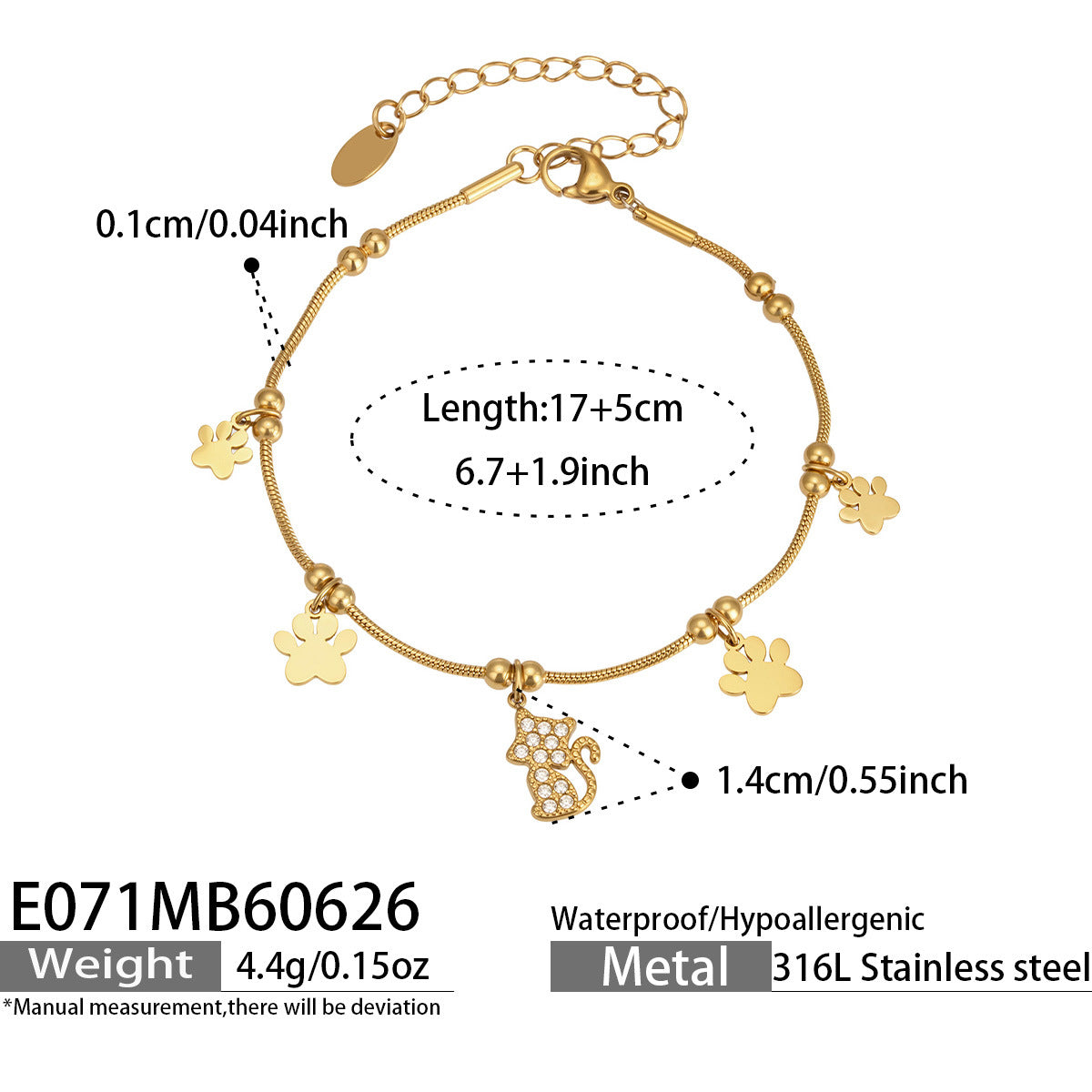 316L Stainless Steel 18K PVD Gold Cat Paw Pendant Bracelet made with 316L stainless steel and 18K PVD gold finish for wholesale jewelry buyers - image 6