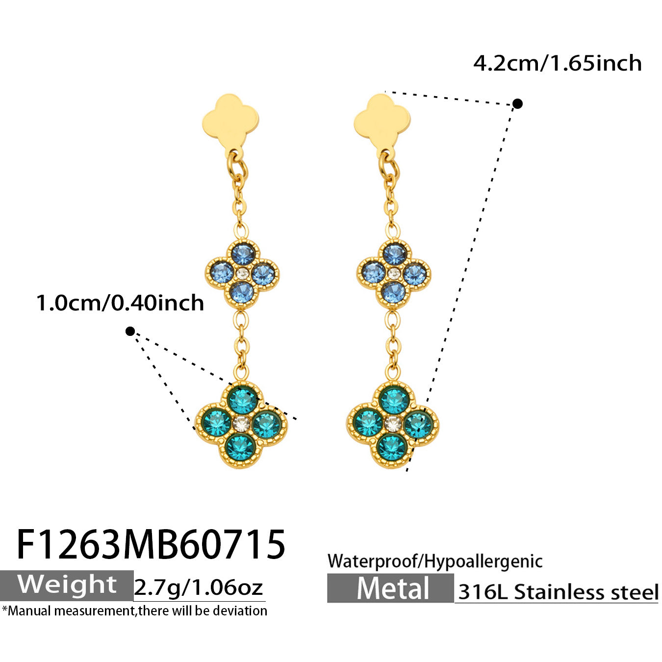 Close-up of Clover Zircon Earrings showcasing color variations