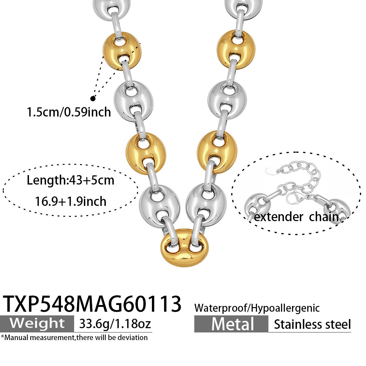 316L Stainless Steel Mixed Metal Coffee Bean Chain Jewelry Set for Women