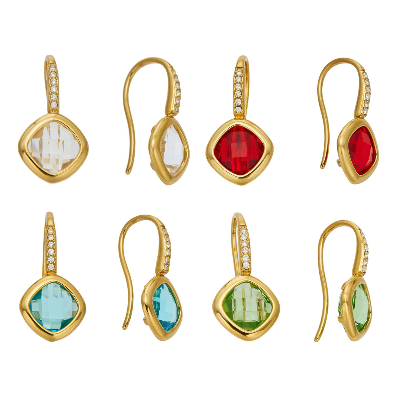 Colored glass stone drop earrings in white, red, blue and green with gold-tone 316L stainless steel