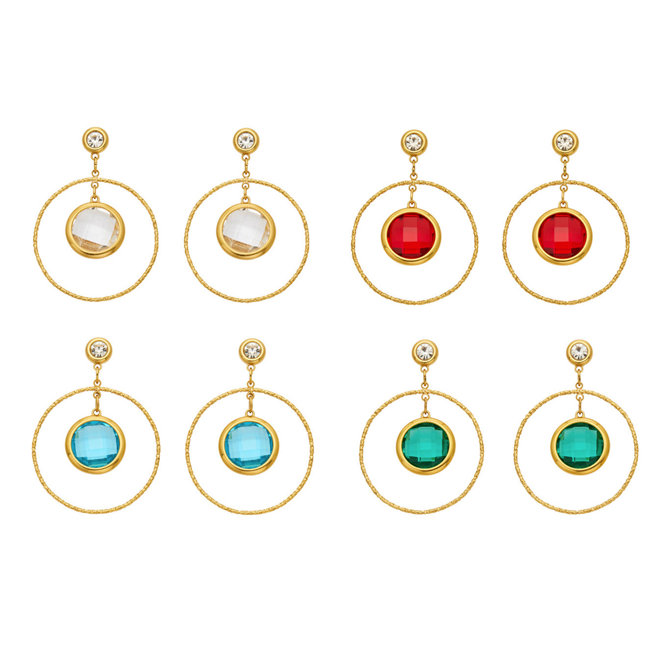 Colorful glass stone drop earrings in 316 stainless steel with PVD gold finish