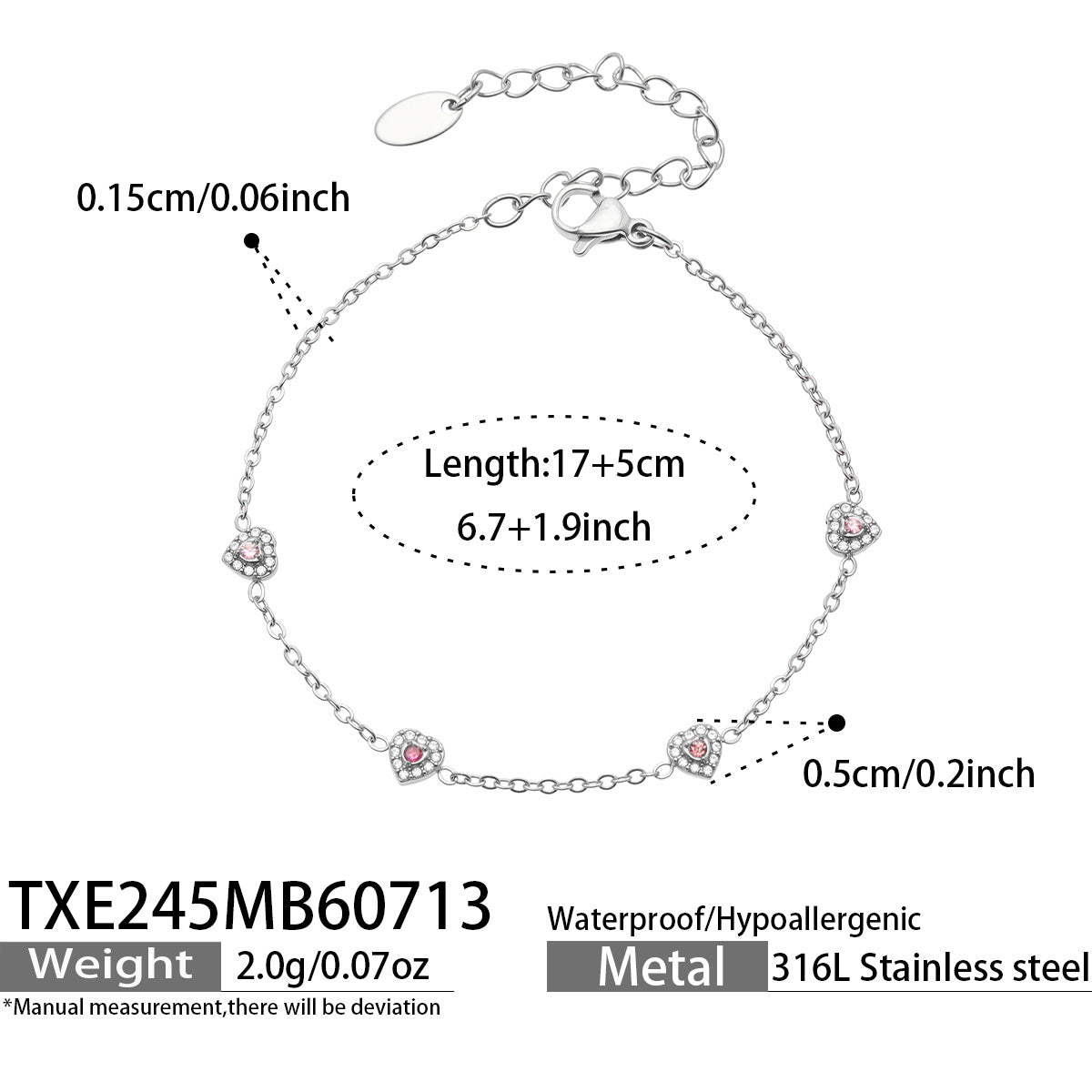 Size chart for silver-tone pink pave CZ heart bracelet, 17+5 cm, with four heart stations