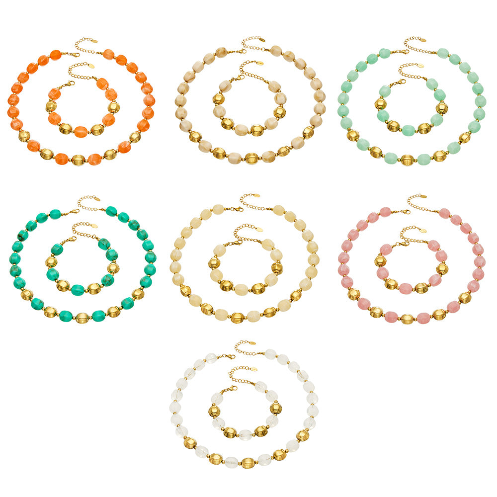 Collection image of colorful resin beaded necklace and bracelet sets with 316L stainless steel accents in multiple colorways.