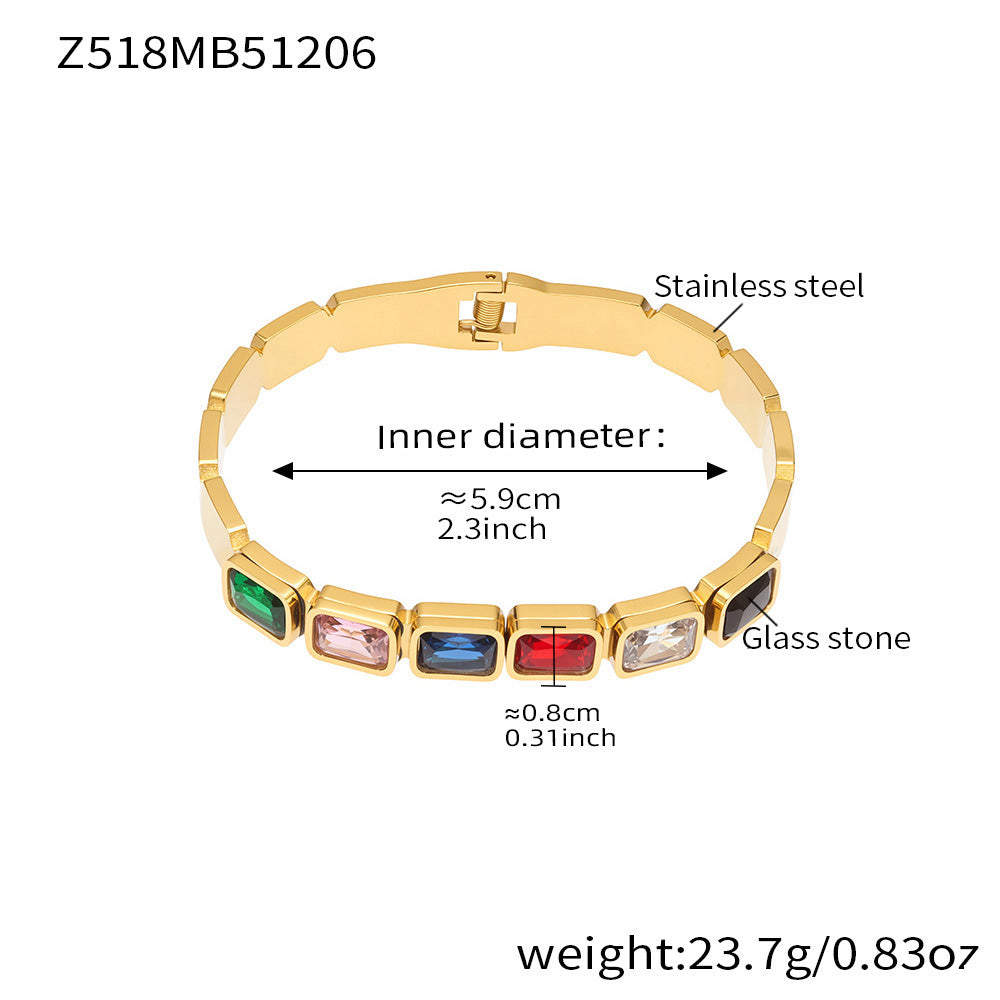 18K gold plated stainless steel bangle (Z518MB51206), multi-color square glass stone, inner diameter 5.9cm, weight 23.7g