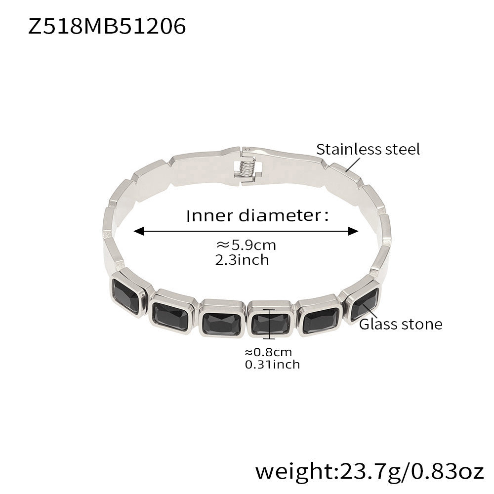 Silver stainless steel bangle (Z518MB51206), black square glass stone, inner diameter 5.9cm, weight 23.7g