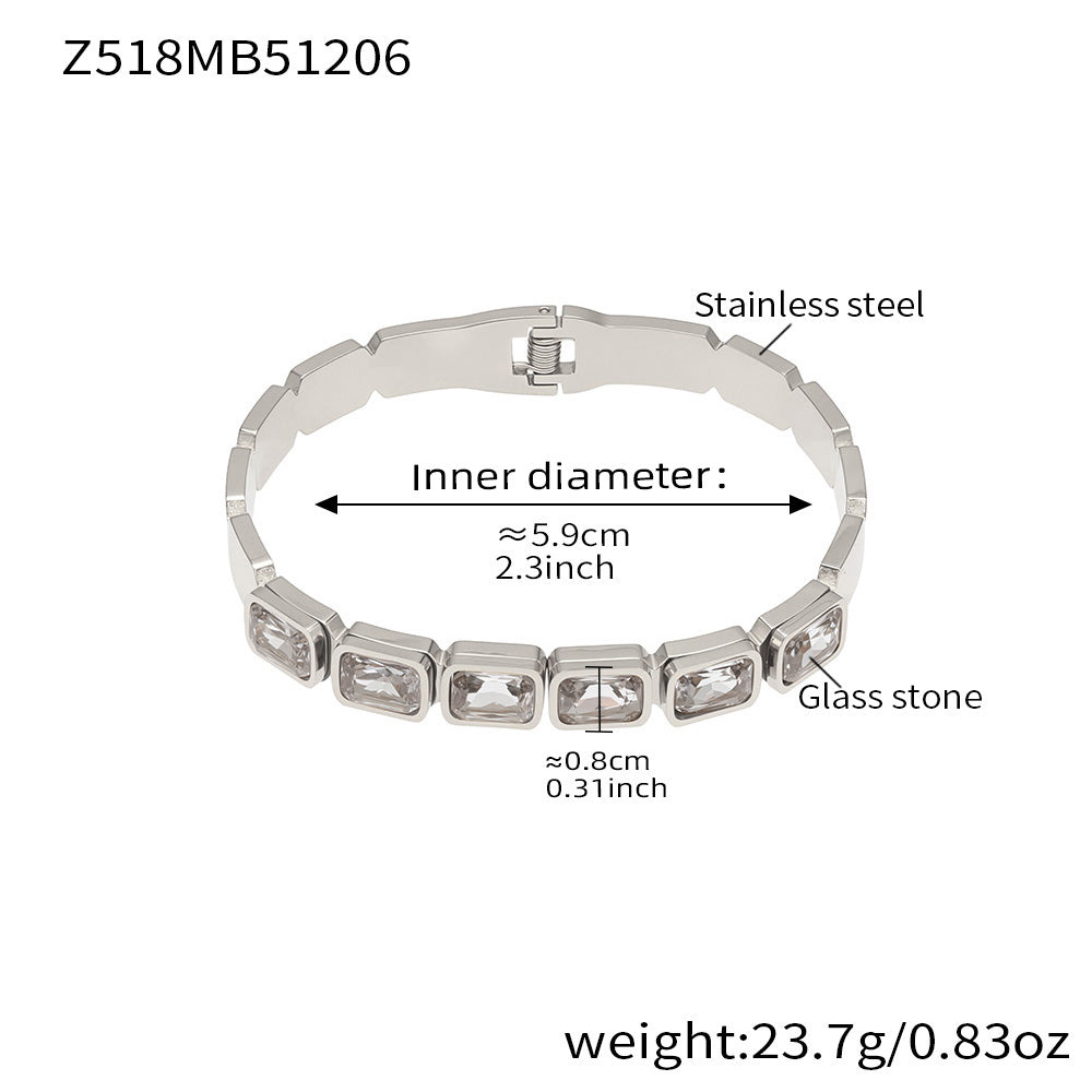 Silver stainless steel bangle (Z518MB51206), clear square glass stone, inner diameter 5.9cm, weight 23.7g