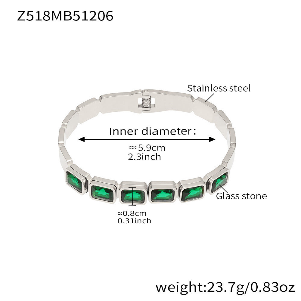 Silver stainless steel bangle (Z518MB51206), green square glass stone, inner diameter 5.9cm, weight 23.7g