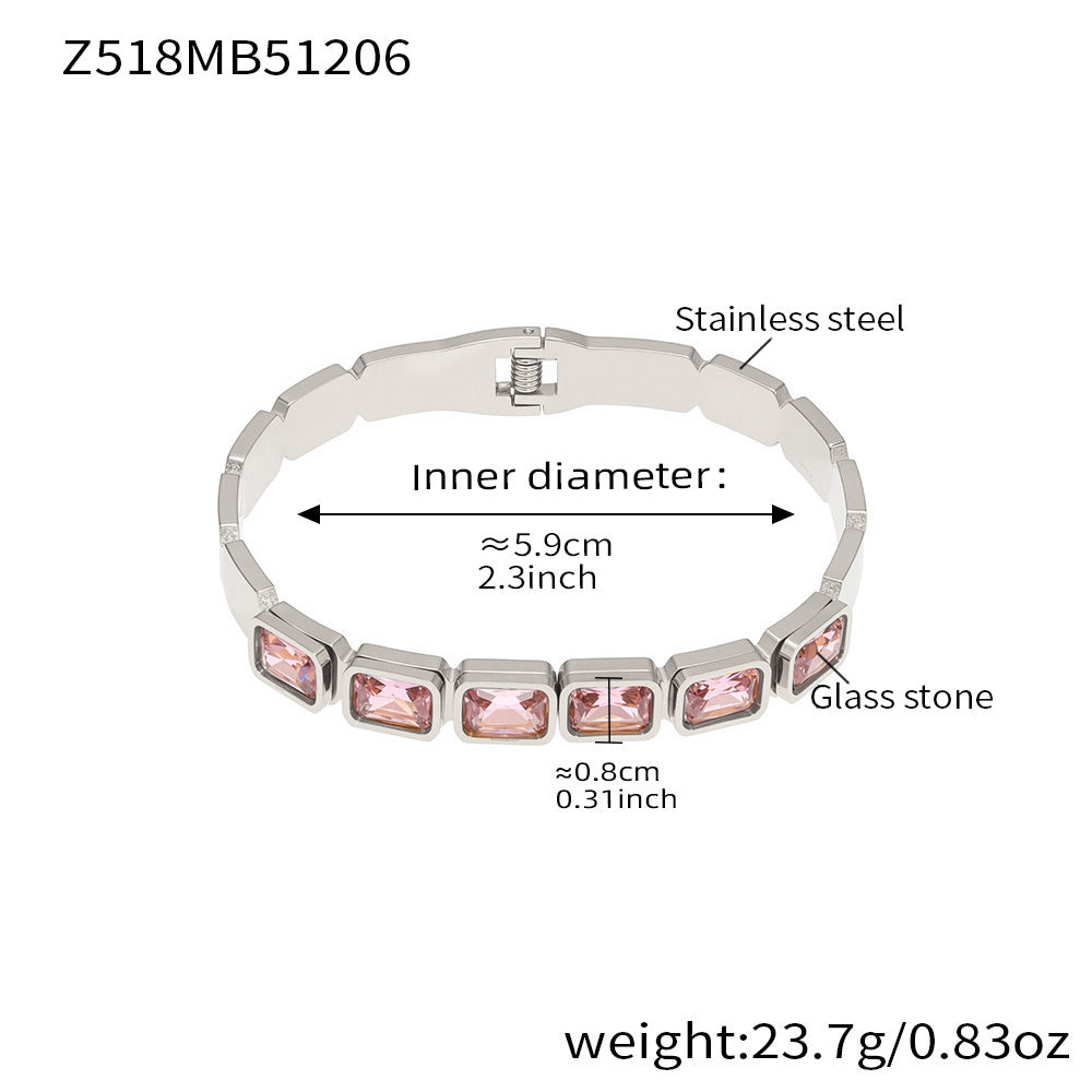 Silver stainless steel bangle (Z518MB51206), pink square glass stone, inner diameter 5.9cm, weight 23.7g