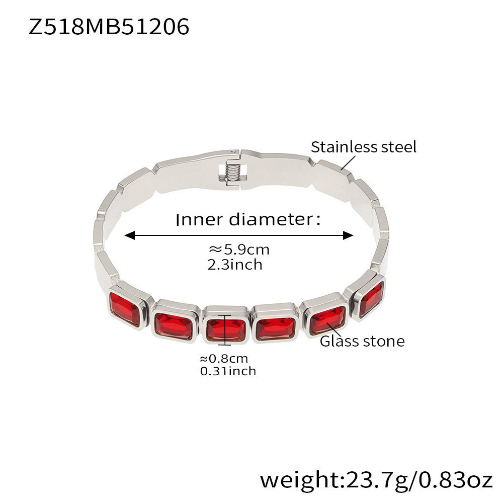 Silver stainless steel bangle (Z518MB51206), red square glass stone, inner diameter 5.9cm, weight 23.7g