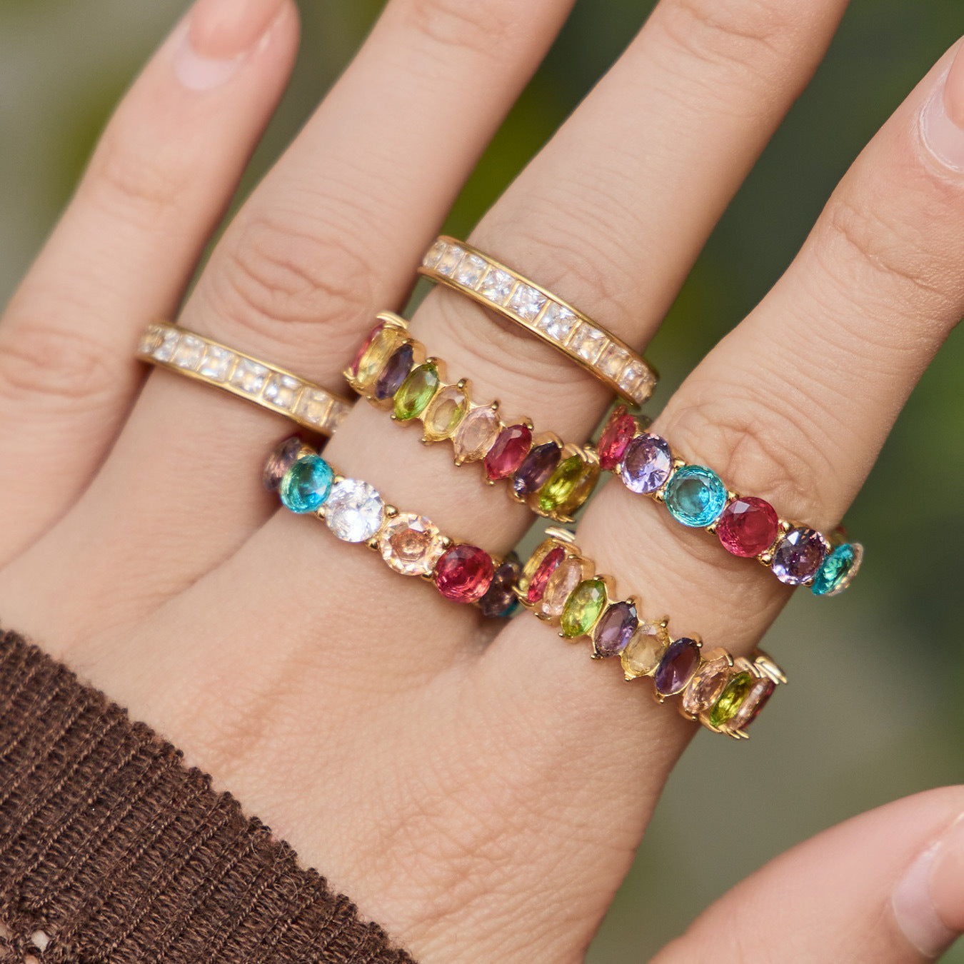 Colorful stone stackable ring made with durable stainless steel and zircon decoration