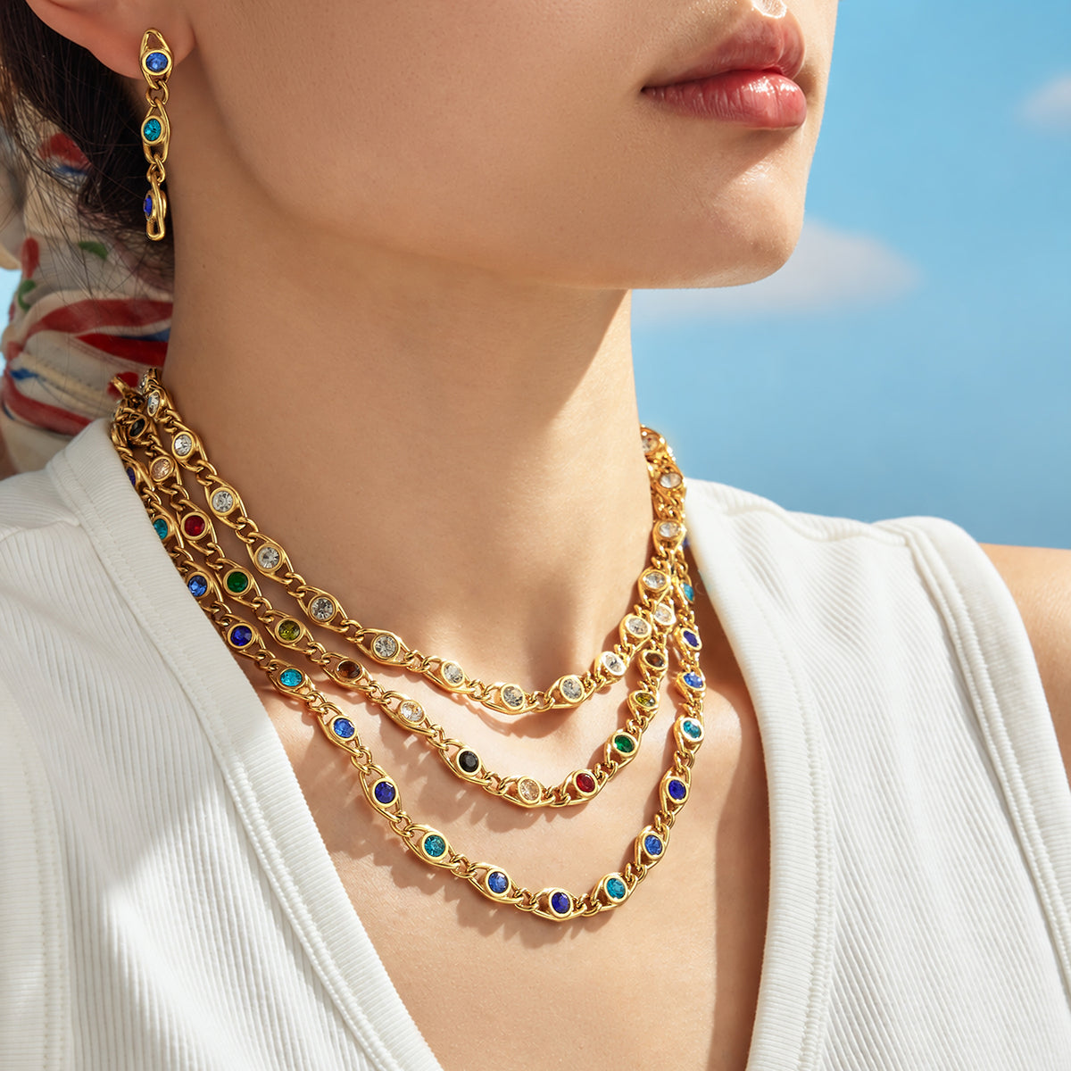 Colorful zircon necklaces layered on model